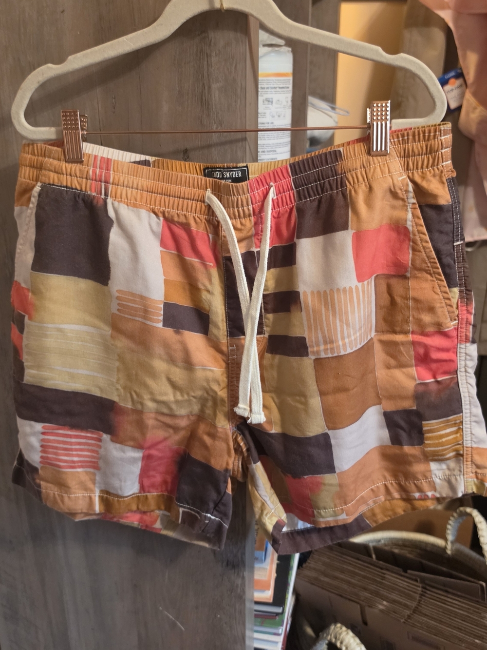 Todd Snyder Patchwork-Pattern Swim Trunks in Rust, Red & Brown